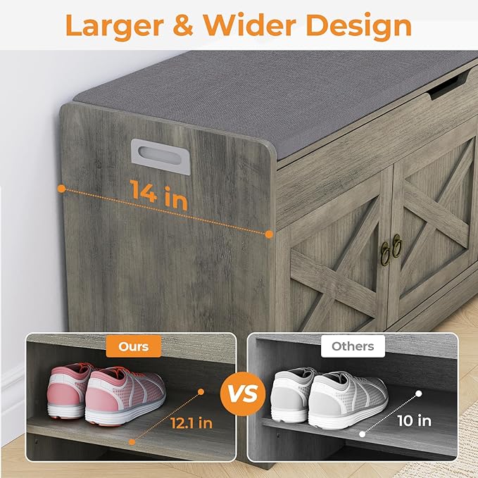 Farmhouse Shoe Storage Bench, Entryway Bench with Cushion Seat, Lift Top Storage, Adjustable Shelf, 3 Doors, 330 lbs Capacity, Storage Bench for Entryway, Bedroom, Living Room (Grey)