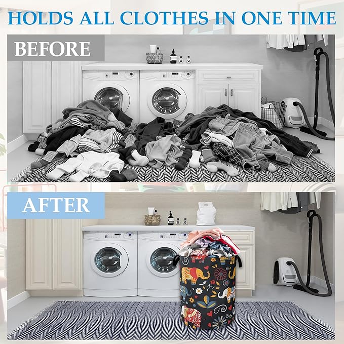 Boho Elephant Laundry Basket Collapsible Laundry Hamper Clothes Toy Storage Bin for Bathroom Bedroom Room Decor 16" X 20.8"