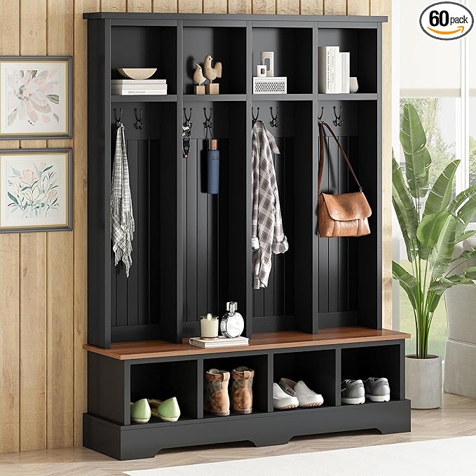 Farmhouse 59" Wide Hall Tree with 8 Hanging Hooks, Wood Grain Bench with Open Compartments, 76.7" H Entryway Shoe Rack Coat Hanger for Living Room Mudroom Hallway (Black-8.26)
