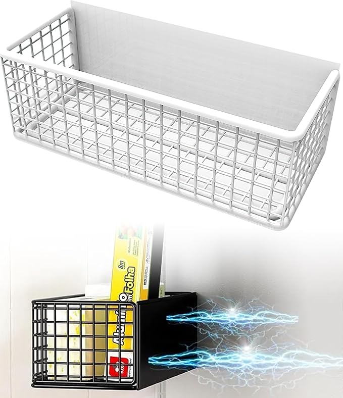 Magnetic Basket Fridge Organizer Wire Bins Pencil Holder Whiteboard Accessories Home Kitchen Organization (White-High)