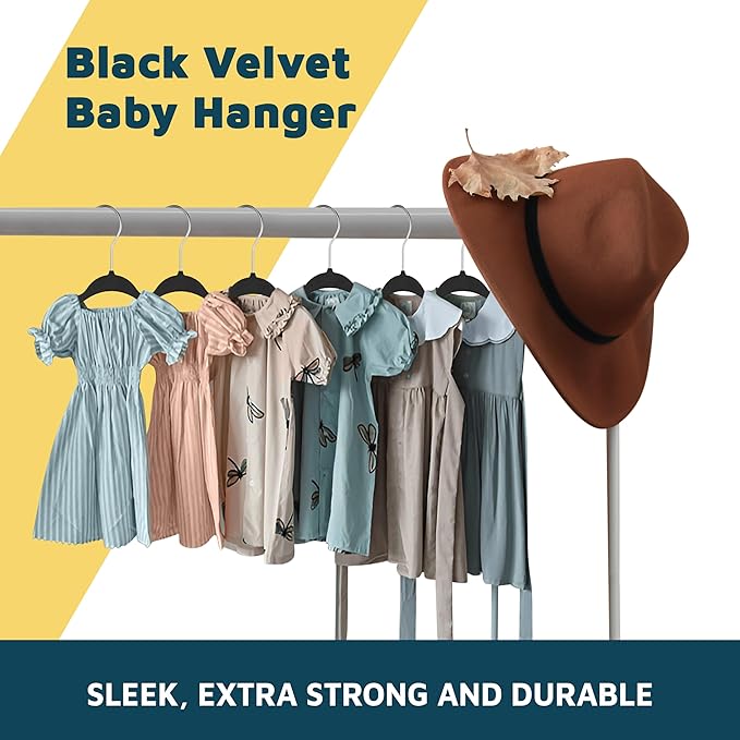 Black Velvet Kids Hangers 20 Pack, 10.83" Non-Slip Baby & Toddler Hangers for Clothes, Space-Saving Slim ABS Plastic with 360° Swivel Hook & Notched Shoulders, Up to 10 lb Capacity