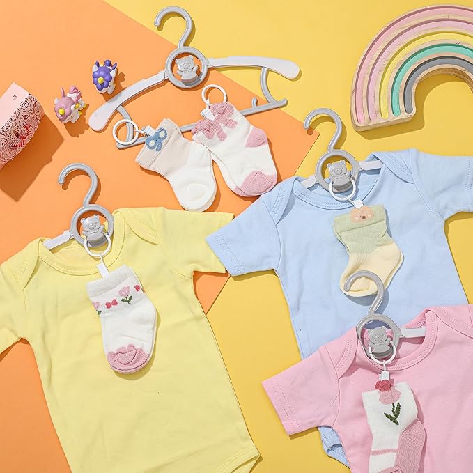 Hsei 30 Pcs Nursery Baby Hangers with 30 Pcs Ring Clips, Adjustable Baby Hangers with Clips, 10-13" Adjustable Children Hanger for Newborn Infant Socks Pants Closet Shirts