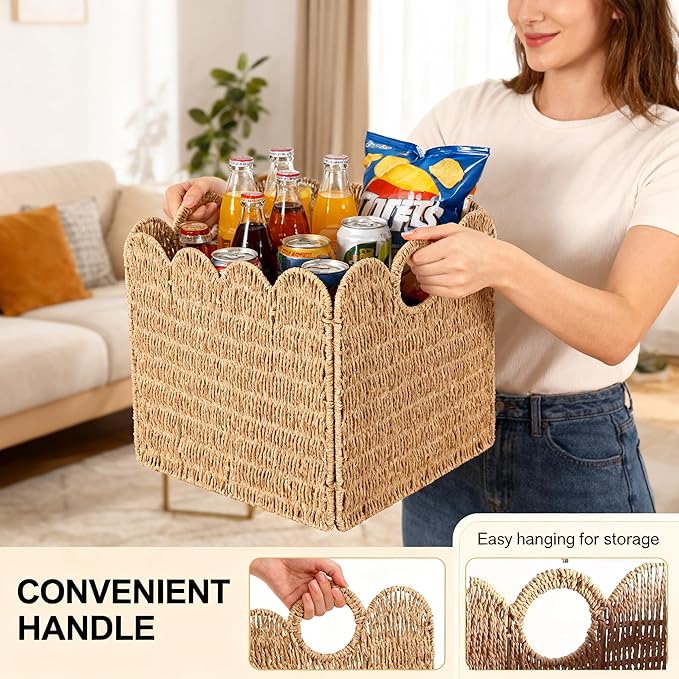 Scalloped Wicker Storage Cubes Basket, 12”x12“ Heavy Duty Paper rope/Hyacinth/Seagrass Baskets for Shelves, Foldable Natural Boho Square Bins (Paper Rope, 12 x 12 x 12in, 4-Pack)