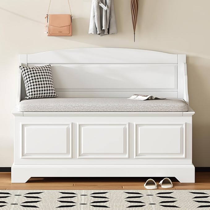 LUMISOL Shoe Storage Bench with Cushion, Farmhouse Entryway Bench with Soft-Close Devices and Hidden Storage, Upholstered Storage Ottoman for Living Room, Entryway, Bedroom, White