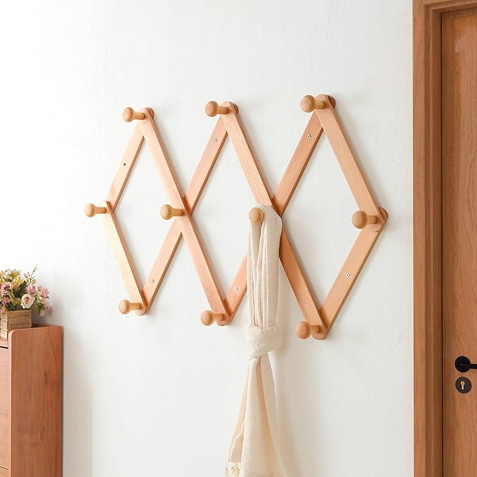 Dseap Expandable Coat Rack (Larger Version) - 24” High, Anti-Slip, Ultra Heavy Duty Wooden Accordian Wall Hanger with 10 Study Peg Hooks for Clothing Hats Jackets Bags, Natural
