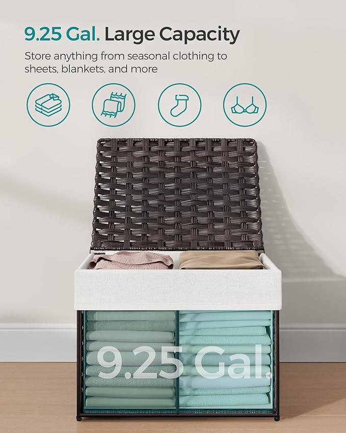 SONGMICS Storage Basket with Lid, Woven Blanket Storage Bin with Handles, Foldable, Removable Liner, Metal Frame, for Bedroom, Laundry Room, 9.2 Gallons (35 L), Brown URST040K01