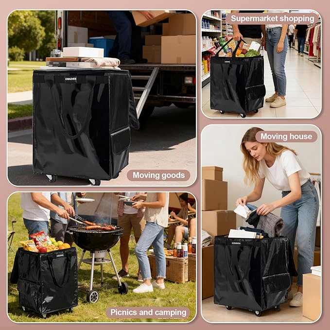 (Large,Black) Reusable Grocery Bag on Wheels, Foldable Rolling Tote Bag with 3 Handles and Zipper, Storage Organizer for Clothes & Groceries, Rolling Shopping Cart for Trips, 86lb