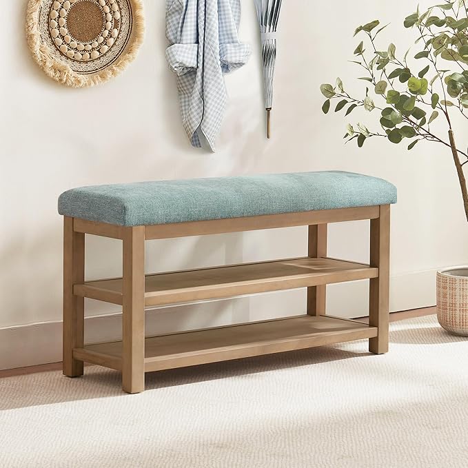 Shoe Rack Bench with Cushion, 2 Tier Solid Wood Storage Bench, Mid-Century Modern Shoe Bench for Entryway, Hallway, Closet, Front Door Entrance, Foyer (Teal, 39.4")