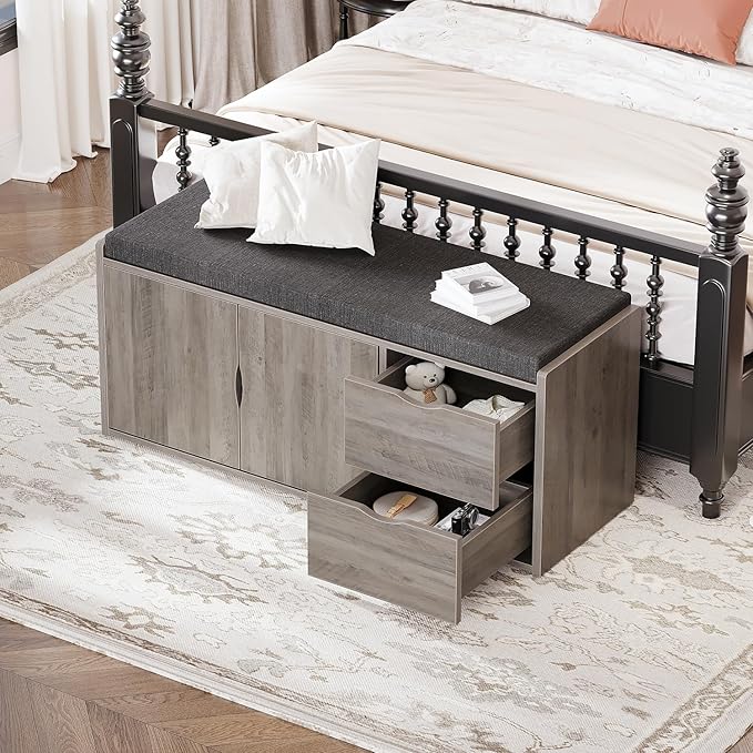 LVB 2-Tier Storage Bench with Padded Cushion, Entryway Shoe Bench with 2 Drawers, 2 Barn Doors & Adjustable Shelf, Industrial Style for Foyer, Bedroom, Living Room, Greige, 40 Inch