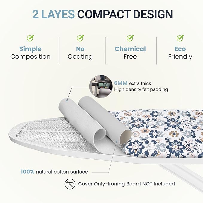 Ironing Board Cover and Pad 18"x54" Extra Thick Natural Cotton,Scorch and Stain Resistant Iron Board Cover,Extra Large Iron Board Cover with Fasteners Heavy Duty Heatproof Elastic Edge Floral