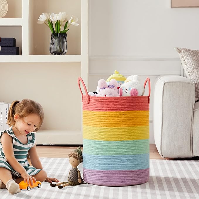 20 Inches Rainbow Baby Girls Kids Hamper Laundry Basket for Nursery Toddler Clothes Blanket Toy Storage Woven Rope Unicorn Hamper in Playroom Bedroom 60L Large
