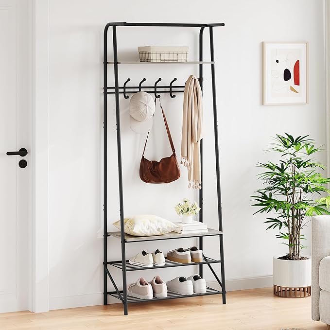 Coat Rack Shoe Bench with Single-Row 5 Hooks 60cm Width, 3-Tier Shelf Entryway Hall Tree with Storage, Metal Frame Multifunctional Organizer, 4-in-1 Coat Rack for Bathroom, Hallway.Grey.