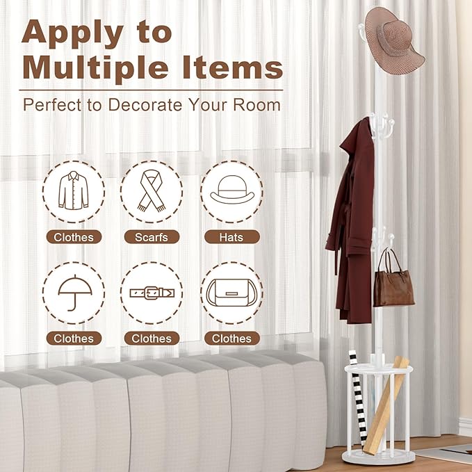 Coat Rack Freestanding, Coat Rack Stand with Umbrella Holder, Coat Tree, Coat Hanger Stand with 12 Hooks for Clothes Bag Hats, Used in Bedroom, Office, Living Room and Entryway-White