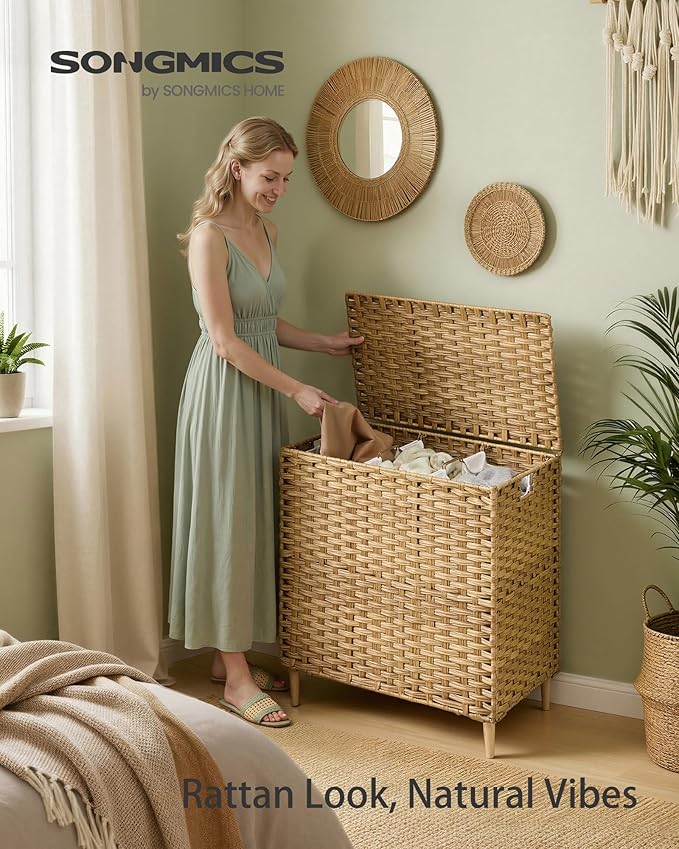 SONGMICS Laundry Hamper with Lid, 42.2 Gal. (160 L) PE Rattan Laundry Basket with Lid and Handles, Natural Material,Removable Machine Washable Liner, Goose Yellow ULCB223YE01