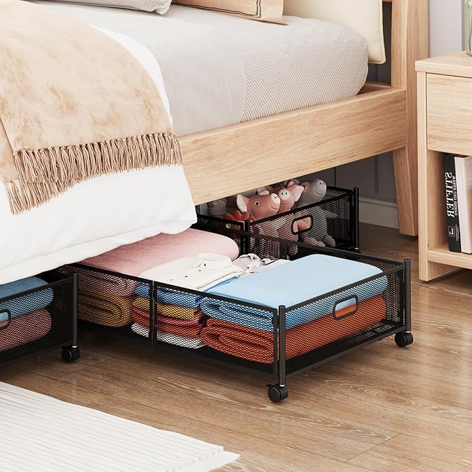 Under Bed Storage with Wheels, Foldable Metal Mesh Underbed Storage Container Bins, Tool-free Assembly Clothes Drawer Organizer, 2Pack