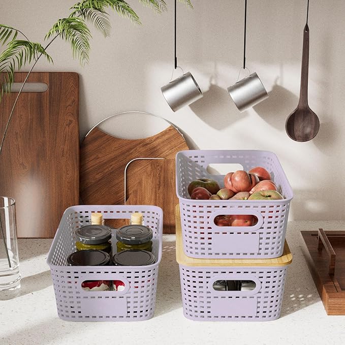 6Pcs Storage Bins with Lids, Stackable Plastic Storage Basket with Bamboo Lid, Pantry Organizer Box Small Containers for Organizing Shelves Drawer Desktop Closet Cabinet Office Classroom 10x7.1x4.1in