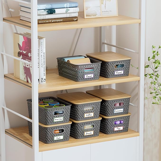 8 Packs Plastic Storage Bins with Bamboo Lids - Stackable Storage Bins Decorative Small Basket Containers for Organizing Shelves Office Classroom Desktop Closet, Grey