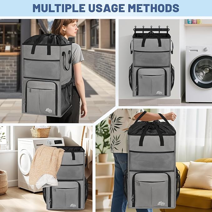 95L Laundry Backpack Bag with 3 Sizes Mesh Wash Bags Empty, Extra Large 2 in 1 Laundry Hamper Basket with Shoulder Straps, Freestanding Laundry Bag for College Dorm, Laundromat, Apartment (Grey)