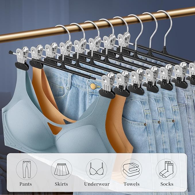 14Inch Clothes Pants Hangers with Wide Clips 10 Pack,Non-Slip Adjustable Skirt Hanger for Women,Space-Saving Heavy Duty Men Hangers for Pants,Trousers,Jeans,Shorts,Black