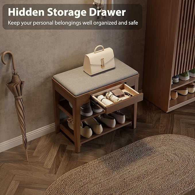Small Shoe Bench with Storage, Wooden Shoe Storage Bench with Cushion&Hidden Drawer, 2-Tier Shoe Rack Bench for Entryway, Mudroom, Hallway