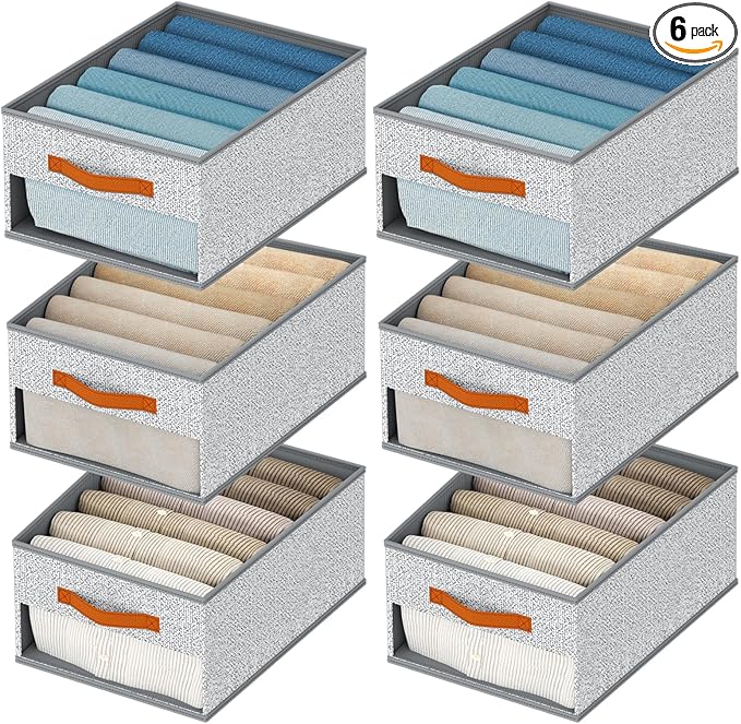 Drawer Organizers and Storage - 6 Pack Foldable Pants Organizer with Clear Window & Handles, Fabric Closet Organizer for Clothes, Jeans, Sweaters, Towels, T-shirt, Scarf (Ant Light Gray)