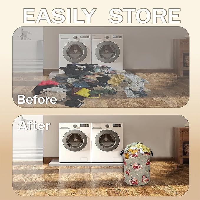 Red Rose Flowers Laundry Hamper,Vintage Floral Clothes Hamper for Laundry,Waterproof Oxford Toy Storage Collapsible Hampers for Bedroom, Dorm Room,Bathroom,16x20 Inch