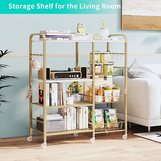 HapiRm Rolling Kitchen Microwave Cart - 4 Tier Microwave Table Stand with Pull-Out Baskets, Coffee Bar Baker's Rack with Wheels Rolling Storage Cart Organizer Shelf for Living Room Office, Balcony