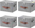 4 Pack Storage Bins with Zipper Lid Cotton Linen Fabric Lidded Storage Baskets Boxes Foldable Washable Closet Shelf Clothes Organizer Container with PU Leather Handles (Gray, Small)