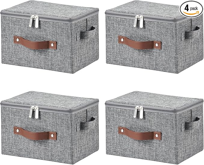 4 Pack Storage Bins with Zipper Lid Cotton Linen Fabric Lidded Storage Baskets Boxes Foldable Washable Closet Shelf Clothes Organizer Container with PU Leather Handles (Gray, Small)