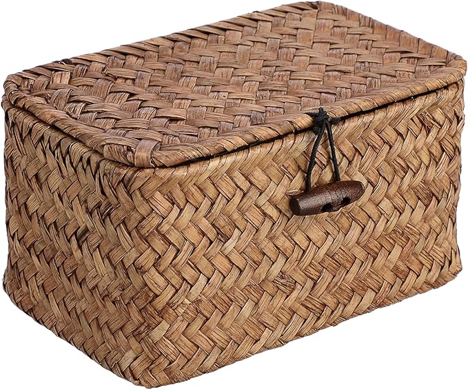 Handwoven Wicker Storage Basket Small Seagrass Box with Lid Multipurpose Table Organizer for Dental Floss Paper Clip Holder, 6.1" x 4" x 3.3"