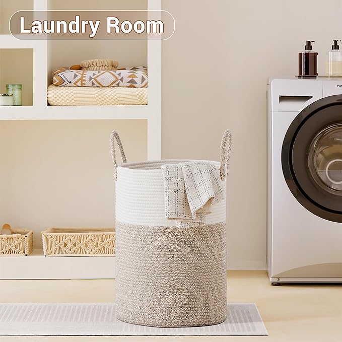 Tall Laundry Basket with Handles, 72L Portable Dirty Clothes Hamper, Boho Cotton Rope Storage Bin for Blankets Kids Toys Gifts, Large Organizer for Baby Nursery Bedroom Bathroom, Brown