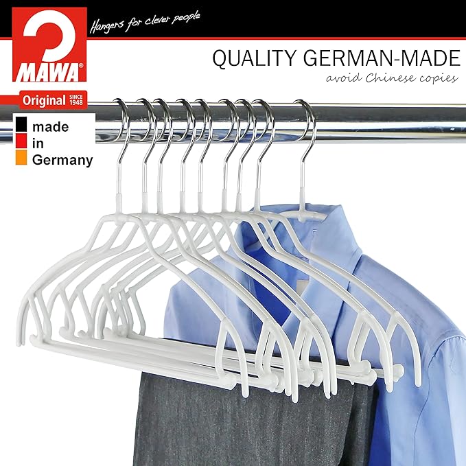 Mawa by Reston Lloyd Silhouette Ultra-Thin Series, Non-Slip Space Saving Shirt Hanger with Pant Bar & Skirt Hooks, Style 42/FTU, Pack of 130, White