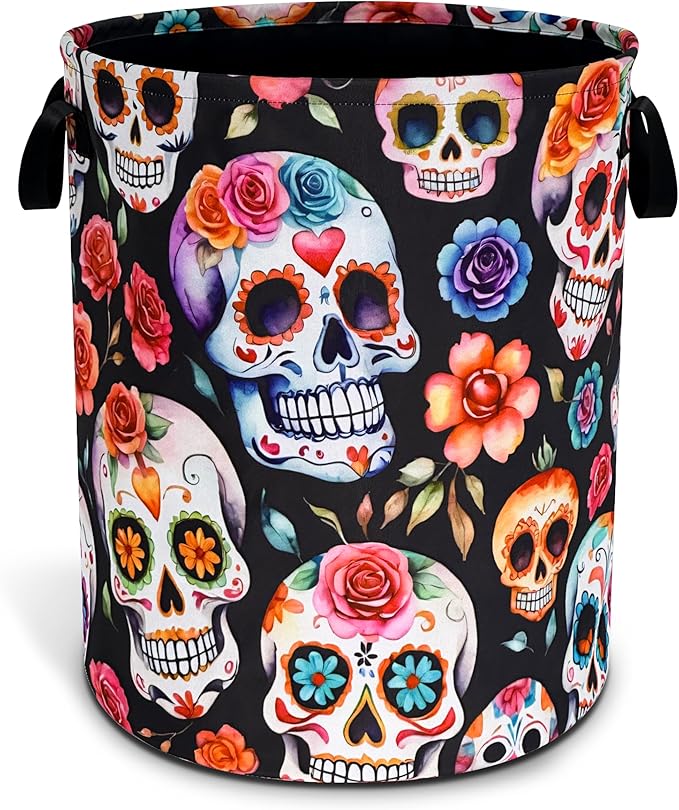 Sugar Skull Laundry Basket Skeleton Foldable Waterproof Oxford Cloth Funny Tote Bag Laundry Hamper Clothes Storage Bucket Toy Organizer For Bathroom/Laundry Storage/Bedroom 18.9x16.5 Inch