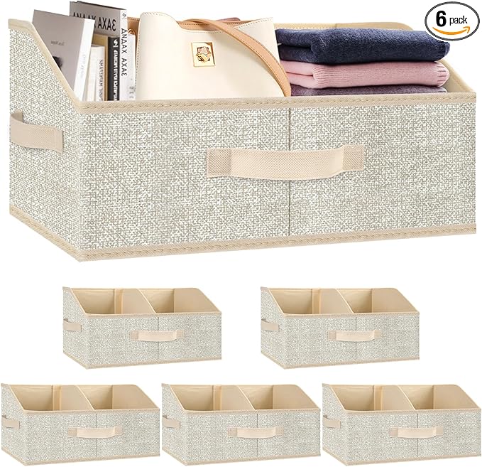Closet Storage Bins 6 Pack, Large Closet Organizer Baskets with Divider & Handles,Trapezoid Fabric Shelf Organizers, Collapsible Storage Cubes for Clothes, Towels, Toys - Beige