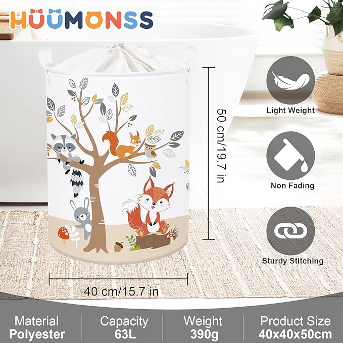Forest Animals Laundry Hamper Woodland Tree Large Storage Basket Parents Organizer Kids Clothes Toy Bins for Bedroom, Bathroom, Fox, 63L
