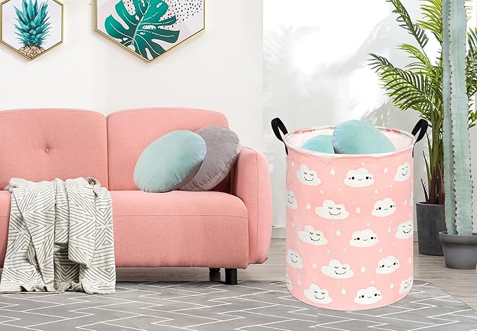 KUNRO Round Laundry Gift Basket Storage Hamper, Clothes Storage Organizer Bins, Shelf Basket with Handles for Room Decor (Smile)