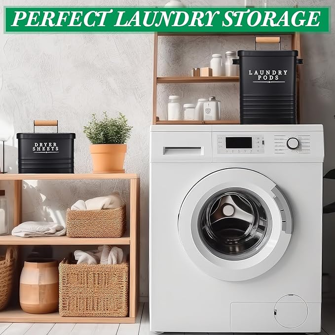2 Pcs Laundry Pod Container with Dryer Sheet Holder Farmhouse Laundry Room Decor Organization and Storage Detergent Container Box with Lid Handle Metal Dryer Sheet Dispenser(Black)