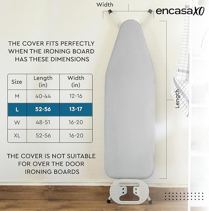 Encasa XO Ironing Board Cover and Pad 54"x15" - Thick 2mm Foam Padding, Drawstring Tightening & Lock, Heat Reflective, Scorch & Stain Resistant, Standard Large Ironing Board - Silver Premium
