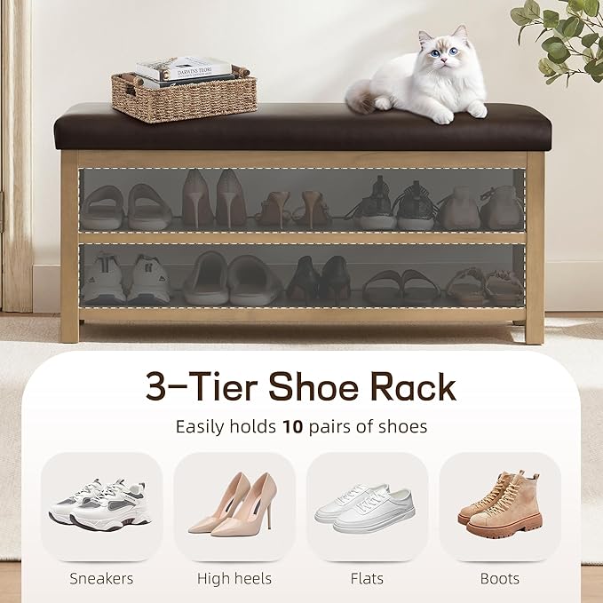 Shoe Rack Bench with Leather Cushion, 2 Tier Solid Wood Storage Bench, Mid-Century Modern Shoe Bench for Entryway, Hallway, Closet, Front Door Entrance, Foyer (Dark Brown, 46.5)