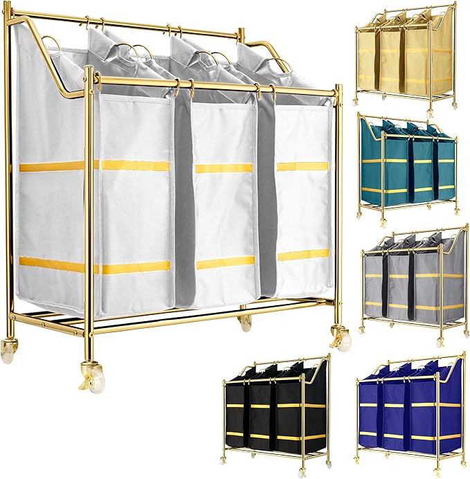 LUXURY STYLE 3- Sections Laundry Sorter, Roling Laundry Cart, Modern Golden Hamper, 3-Bags Organizer with Wheels, Laundry Basket, XL Hamper for Clothes, Toys, and Towels (Classic White)