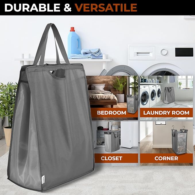 ALCOVA Hanging Laundry Hamper, Space-Saving Mesh Hanging Laundry Bag with Dual Handles & Sturdy Hooks, Portable Hanging Hamper for Family, College Students, Small Closet Solutions