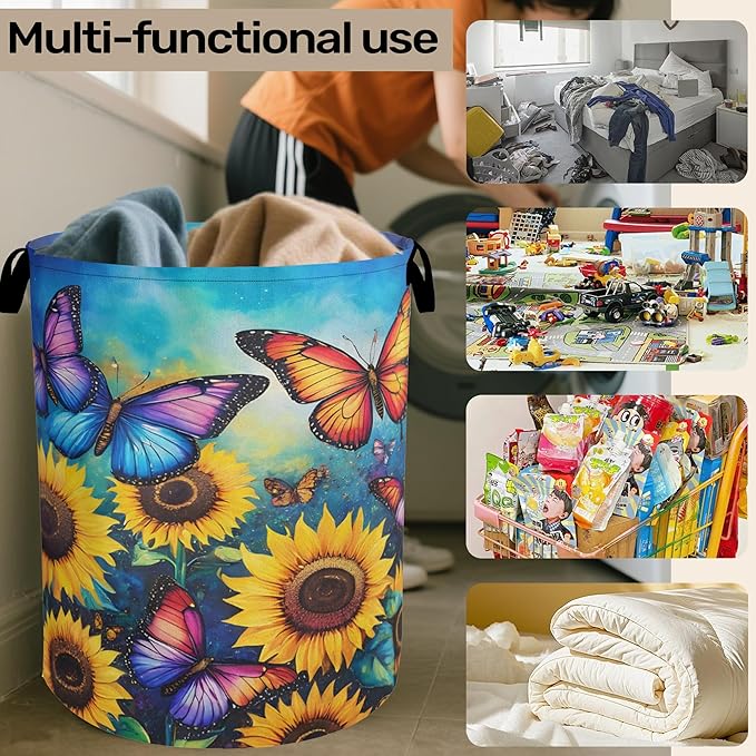 Butterfly Sunflower Laundry Basket, Heavy Duty 60L Dirty Clothes Hamper, Water Resistant Foldable Hamper for Girls Women