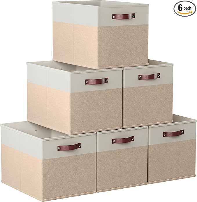 Ornavo Home 13 x 15 x 13 Kallax Storage Cube Bins, Foldable Collapsible Fabric Storage Bins Box Linen Shelf Basket Cube Organizer for Closet with Leather Handles, 6 Pack, White/Khaki