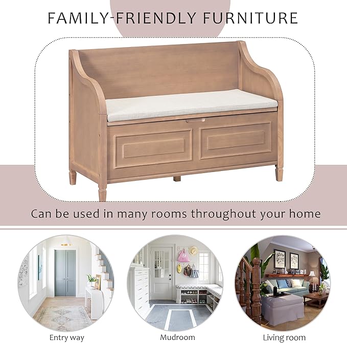 Bellemave Storage Bench with Safety Hinge Wooden Entryway Benches with Shoe Cabinets Under Seat Multifunctional Storage Bench for Entryway, Foyer or a Mudroom (Brown + Beige)