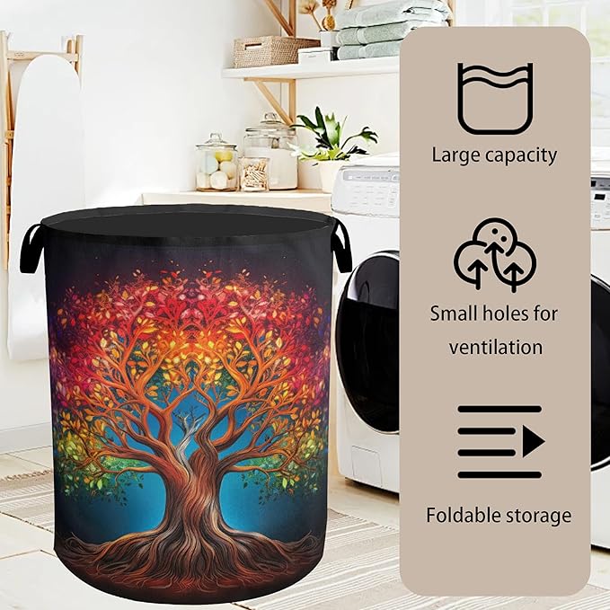Life Color Tree Laundry Basket with Handles - Extra Large Foldable Hamper for Bathroom/Laundry/Bedroom/Dorm, Washable Fabric Storage Bin