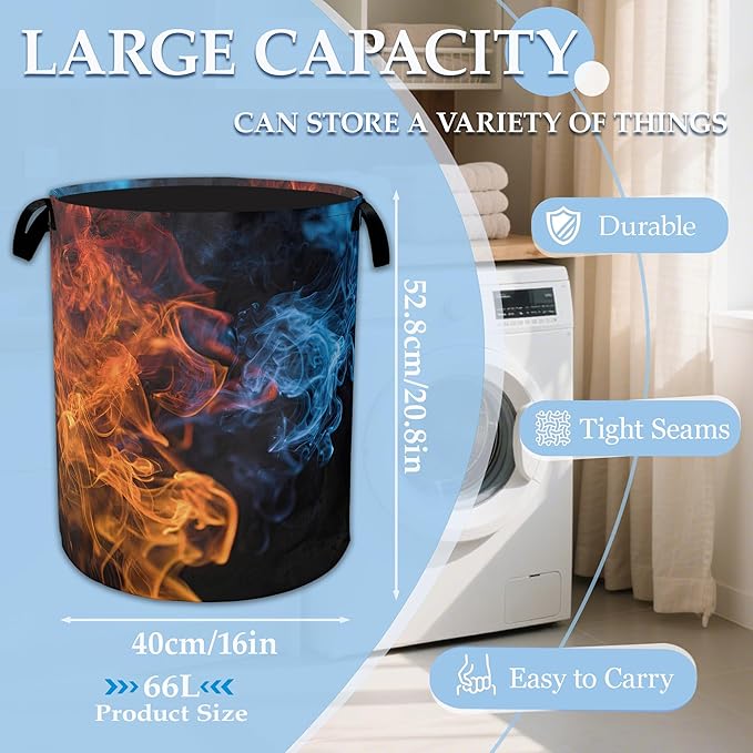 Red Blue Fire Laundry Basket Collapsible Laundry Hamper, Oxford Cloth Storage Bin for Room/Bathroom/Bedroom/Dormitories 16" X 20.8"