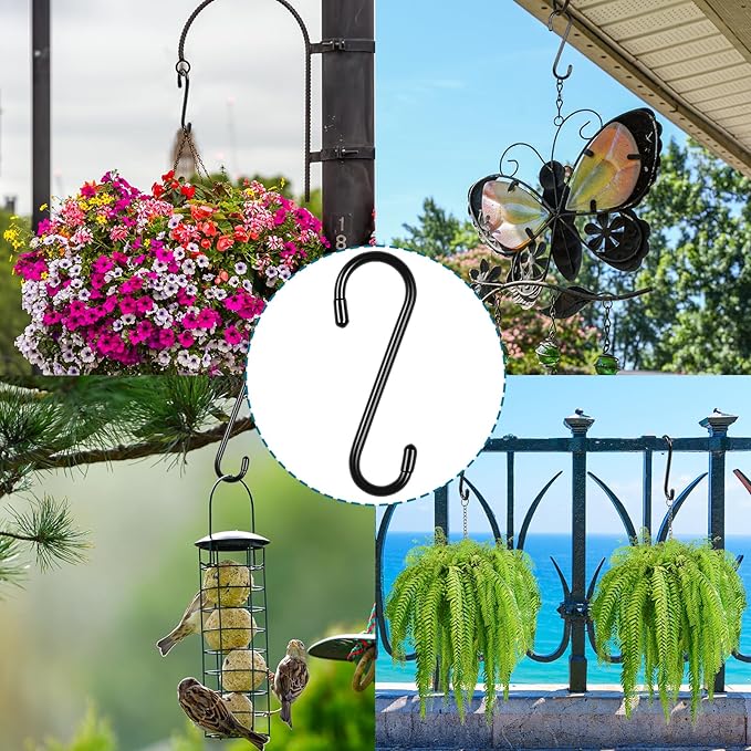 12 Pack Heavy Duty S Hooks, Vinly Coated 6 Inch Large Metal S Hooks for Hanging Plants, Non Slip Black Hanger Hooks for Closet Hanging Jeans, Baskets, Lights, Pot, Pans, Cups, Bird Feeder