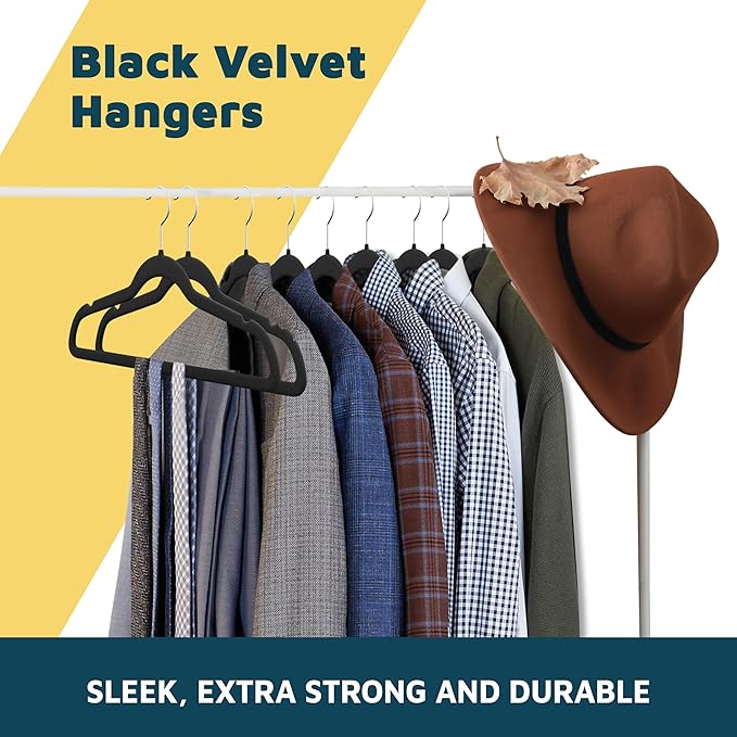 Lifemaster Velvet Non-Slip Plastic Hanger Set - 100 Pieces Non-Slip Clothes Hanger Set with 360° Swivel Hook, Space-Saving, Sleek Design, Smooth Velvet Finish, Lightweight Construction - Black
