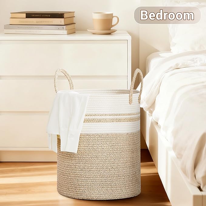 Tall Laundry Basket with Handles, 88L Portable Dirty Clothes Hamper, Boho Cotton Rope Storage Bin for Blankets Kids Toys Gifts, Large Organizer for Baby Nursery Bedroom Bathroom, New Brown