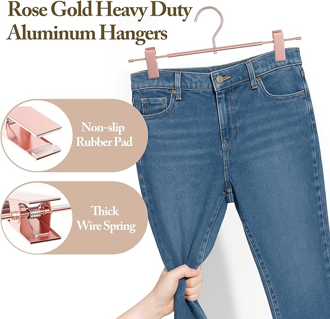 Matte Rose Gold Aluminum Pants Hangers 10 Pack, Lightweight Skirt Hangers with 360°Swivel Hooks and Non-Slip Adjustable Clips for Trousers, Skirts, Jeans, Kids & Adults, Durable, Space-Saving